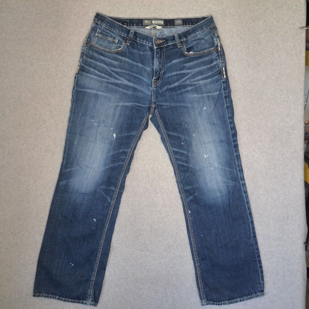 BKE Buckle Derek 34R Bootleg 34 X 30 Blue Denim Distressed